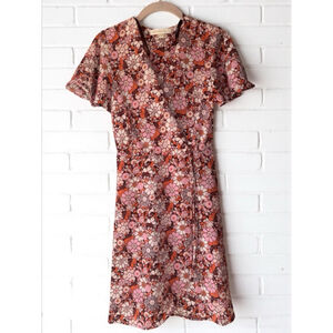 Monteau Los Angeles Women's Small Retro Floral Faux Wrap Midi Dress V-Neck
